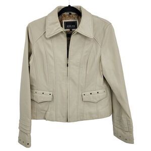 Adler Collection Lamb‎ Skin Leather Moto Jacket M Cream Retro 70s Studded Zip